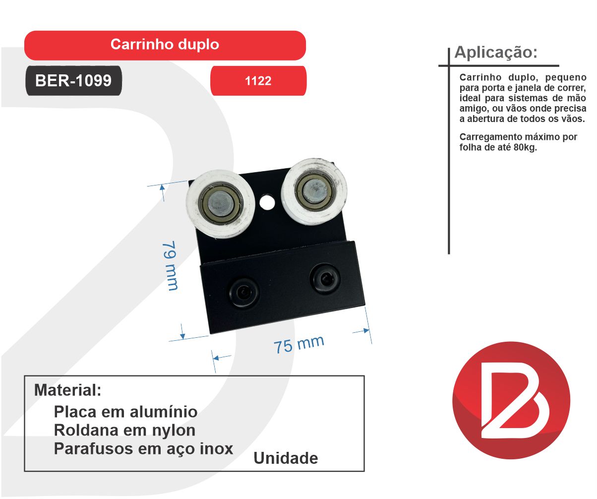 CARRINHO DUPLO PARA TRILHO 1030 2 ROL E 2 FURO (1122) – PRETO